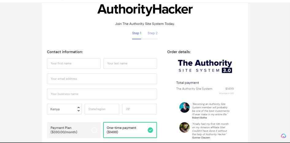A screen shot of Authority Hacker payment page payment 