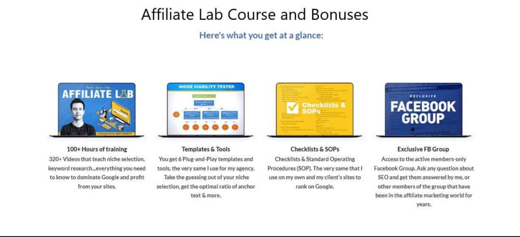A screen shot of Affiliate Lab Course Bonuses