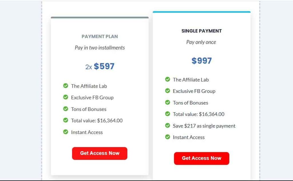 A screen shot of Affiliate Lab payment plan 
