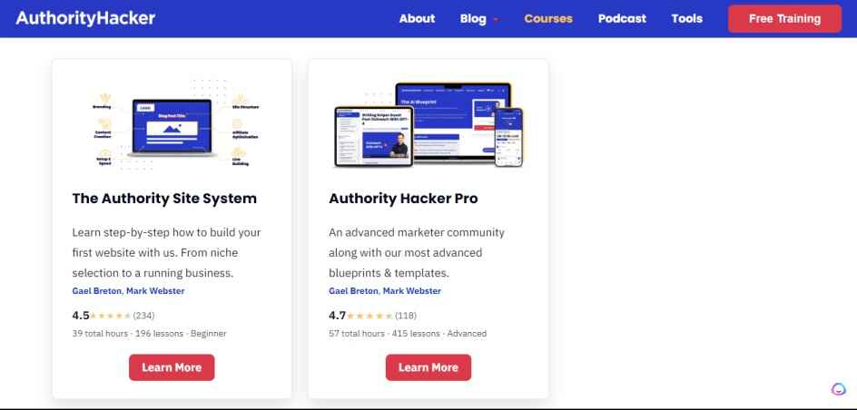 A screen shot of Authority Hacker Courses