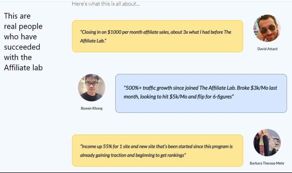 Screenshot - real Affiliate Lab success stories