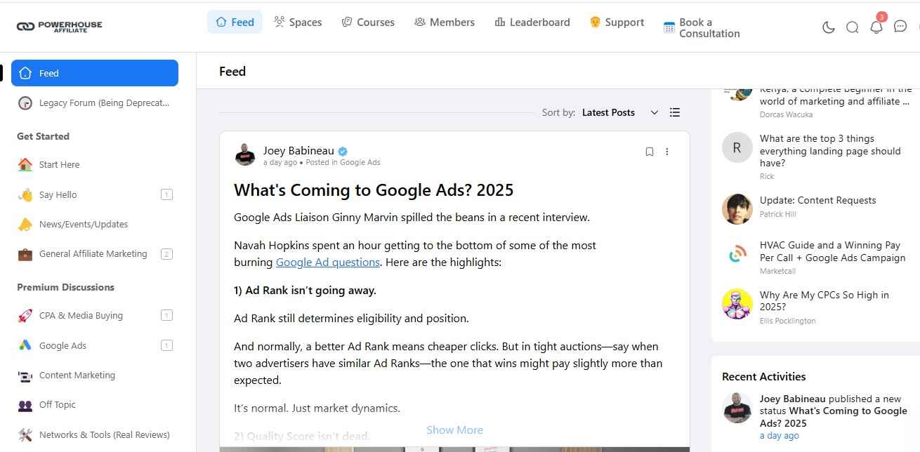 A screen shot of Powerhouse Affiliate new  forum Dashboard