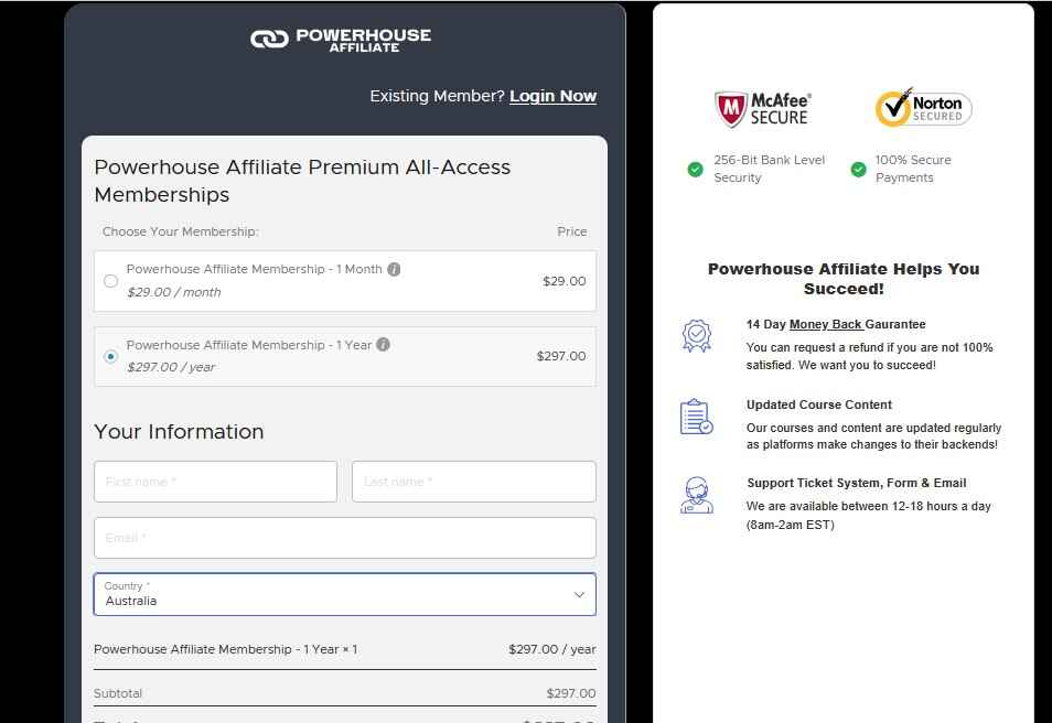 A screen shot of Powerhouse Affiliate payment plans