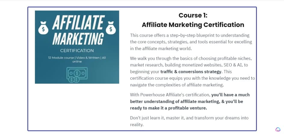 Ascreenshot of Powerhouse Affiliate Marketing Certification Course