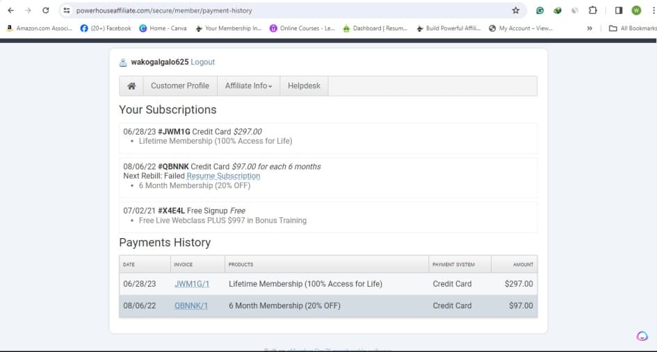A screen shot of powerhouse member Dashboard