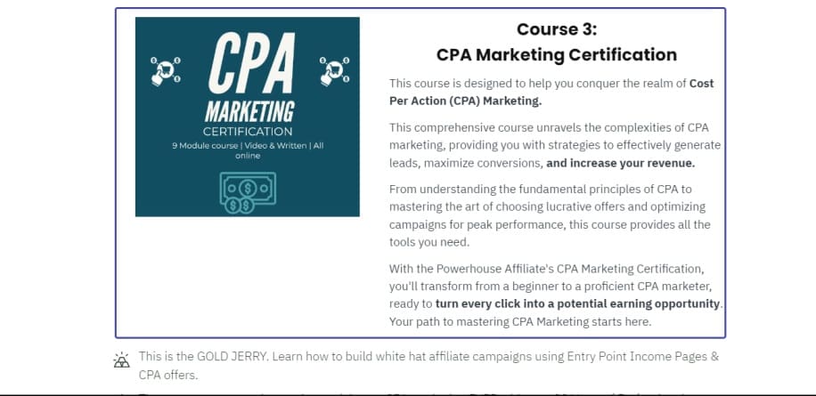 A screen shot of Powerhouse Affiliate CPA marketing certification
