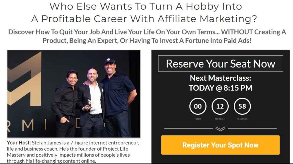 A screen shot of Affiliate Marketing Mastery homepage