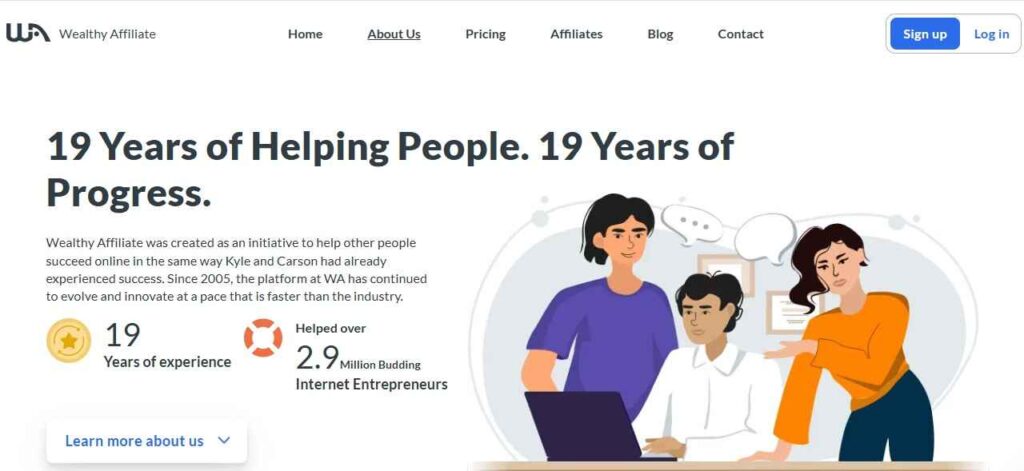 A screen shot of Wealthy Affiliate Homepage
