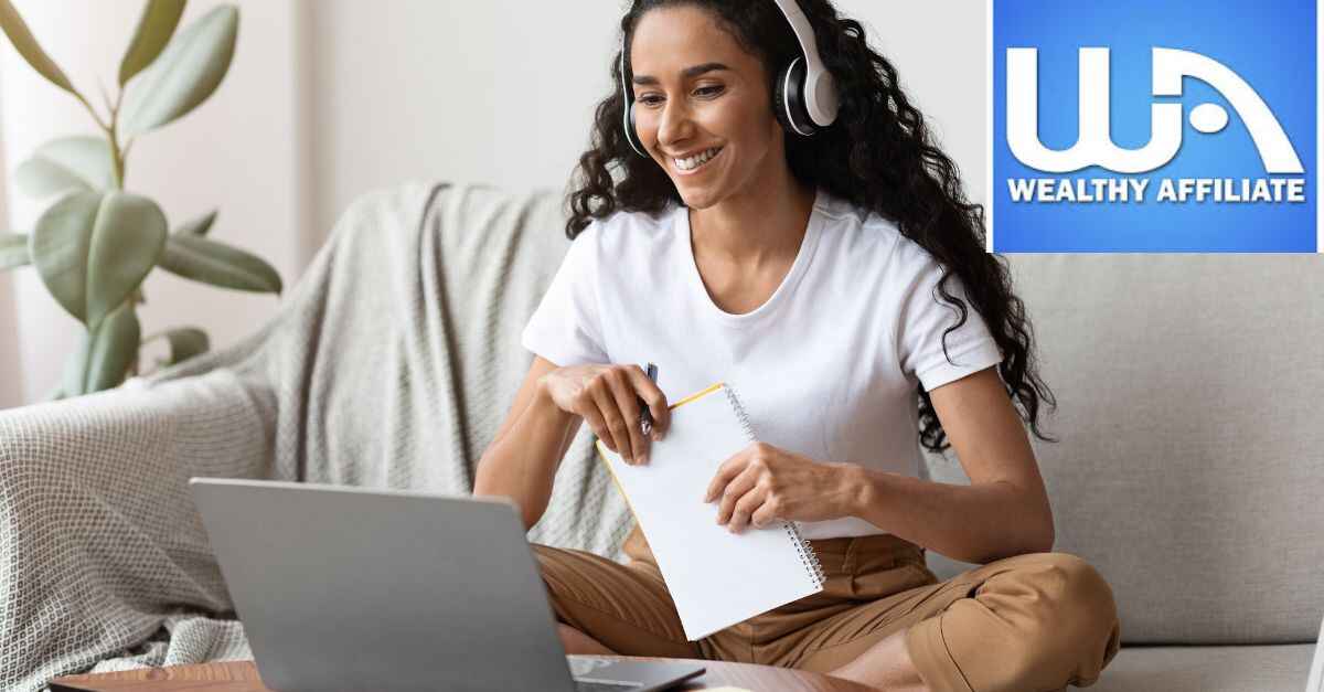 A beautiful woman studying on a laptop with the wealthy Affiliate logo in the Background 